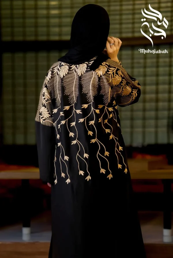 Elegant Black Embroidered Abaya with Gold Detailing