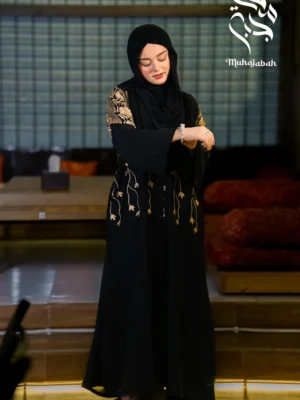 Elegant Black Embroidered Abaya with Gold Detailing