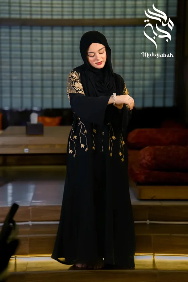 Elegant Black Embroidered Abaya with Gold Detailing